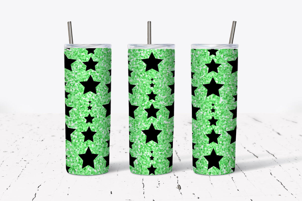 Green, Faux Glitter, Stars,  Stainless Steel, Tumbler, Drinkware