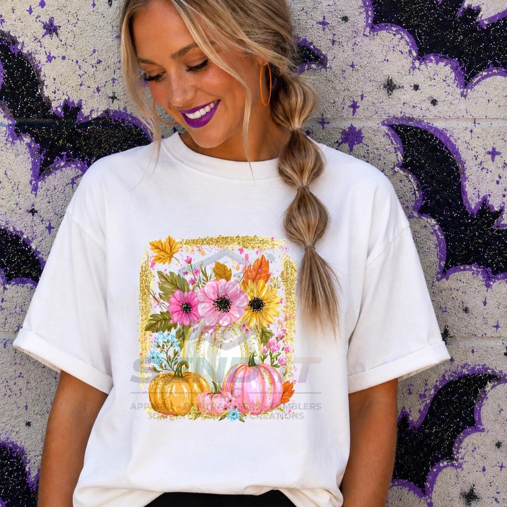 Floral, Faux Glitter, Pumpkin, Fall, DTF Transfer